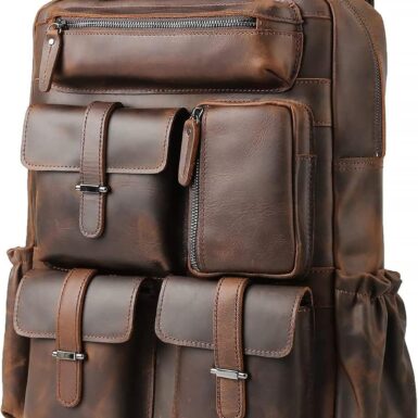 Masa Kawa Leather 15.6 Inch Laptop College Backpack for Men Work | Full Grain Cowhide Anti Theft Casual Travel Computer Daypack Bag, Multi Pockets, Luggage Strap,Water Bottle Holder